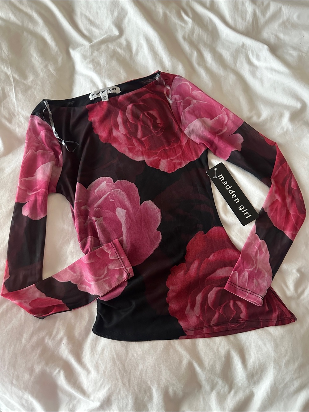 Madden Girl Black Long-Sleeve Top with Pink Rose Motif